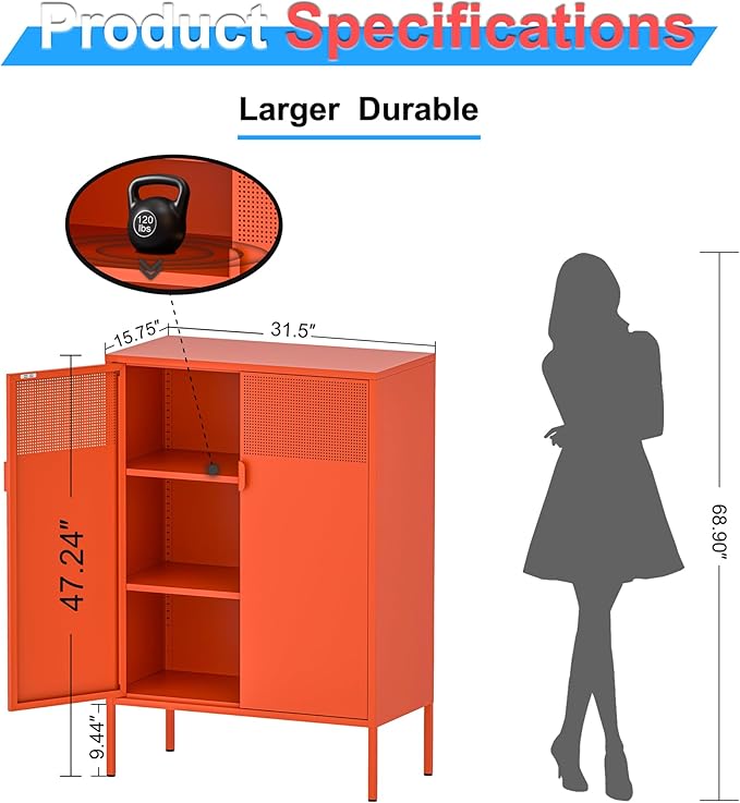 Washsemba 2 Mesh Door Metal Cabinet with Adjustable Shelves, Multipurpose Orange Storage Cabinet, 3-Tier,Metal Storage Cabinet for Office Home,Hallway(Orange, 47''H)