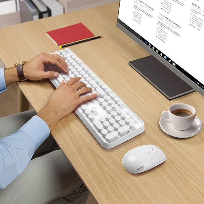 White Wireless Keyboard and Mouse Combo,Bubble Round Keys,Typewriter Style | Cute Aesthetic Minimalist Keyboard,Creamy Clicky Sound,2.4GHz Full-Size with Number Pad,for Long Nails PC Laptop Desktop