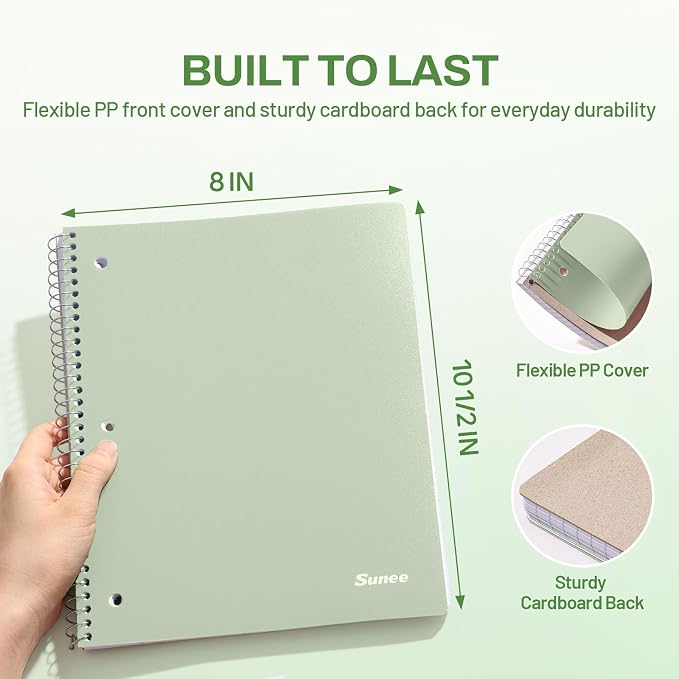 SUNEE Spiral Notebook, 1-Subject, Wide Ruled Paper, 8" x 10-1/2", 100 Sheets per Notebook, 3-Hole Punched Paper, Water Resistant Cover, Double-sided Pockets, Spiral Lined Notebooks for School, Green