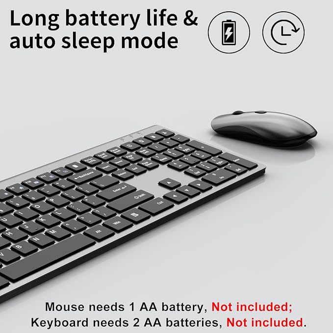 Slim Silent Full Size Wireless Keyboard Mouse Combo Grey2 Pack | With calculator key, 2400 DPI quiet mouse, USB cordless set, compatible with Windows, Mac, Laptop & PC