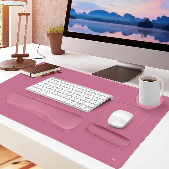 MOSISO Keyboard Mouse Pad Set, Large Gaming Mousepad&Keyboard Wrist Rest | Mouse Wrist Rest&Coaster, Ergonomic Non-Slip Mousepad&Easy Typing Cushion with Memory Foam for Home Office, Rose Red