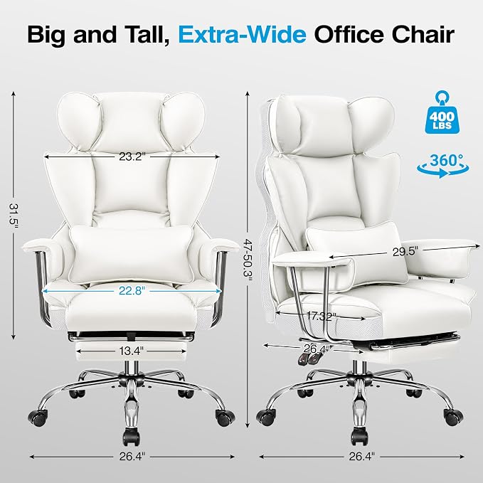 ALLGOD Big and Tall Office Chair 400LBS, Executive Ergonomic Leather Chair with Footrest, Wide Seat Gaming Office Chair with Pocket Spring Cushion, Reclining High Back Computer Desk Chair, White