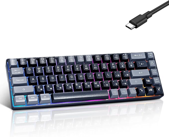 Wired Portable 60% Mechanical Feeling Gaming Keyboard,RGB LED Backlit Compact 68 Keys Mini Wired Office Keyboard for Windows Laptop PC Mac Gamer, Typist, Travel on Business Trip Black–Grey