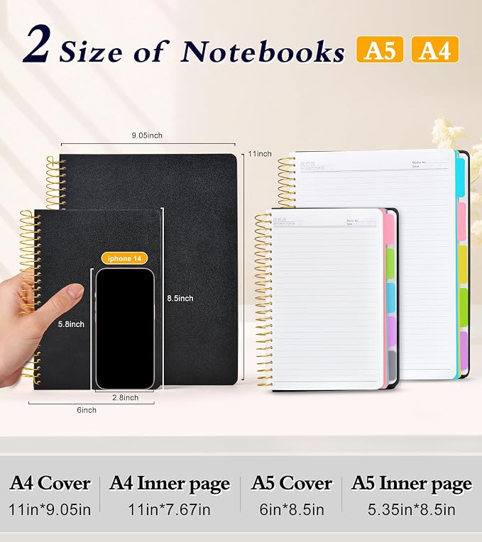5 Subject Notebook College Ruled 240 Pages, A5(5.8"x8.3") Hardcover Spiral Notebook with Removable Pocket Dividers Tabs, Lined Spiral Journal Notebook for Women, Notebooks for Work School Note taking Black
