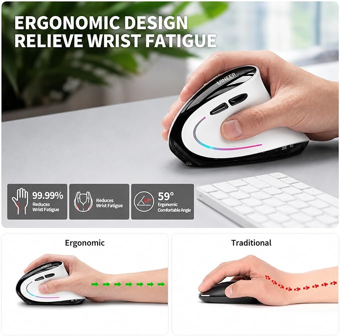 Uineer Ergonomic Wireless Vertical Mouse, 3-Mode Bluetooth 5.0/4.0 & 2.4GHz | Rechargeable, USB-A Receiver, Silent Computer Mouse for Laptop, Mac, iPad and PC, 4 DPI Levels, LED Light, 3-Device Switching
