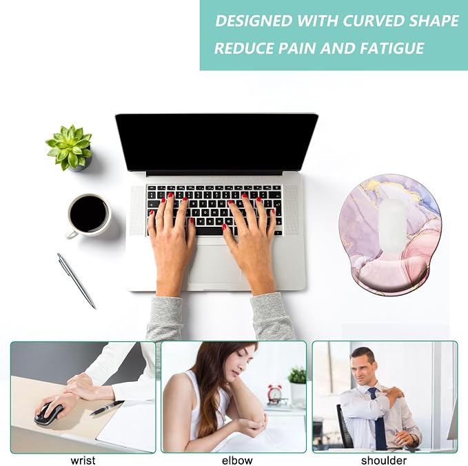 Mouse Pad with Wrist Support, Ergonomic Mouse Pad with Memory Foam Wrist Rest Cushion, Non-Slip Rubber Base Gaming Mice Pad for Home Office Computer Laptop, Pink Marble