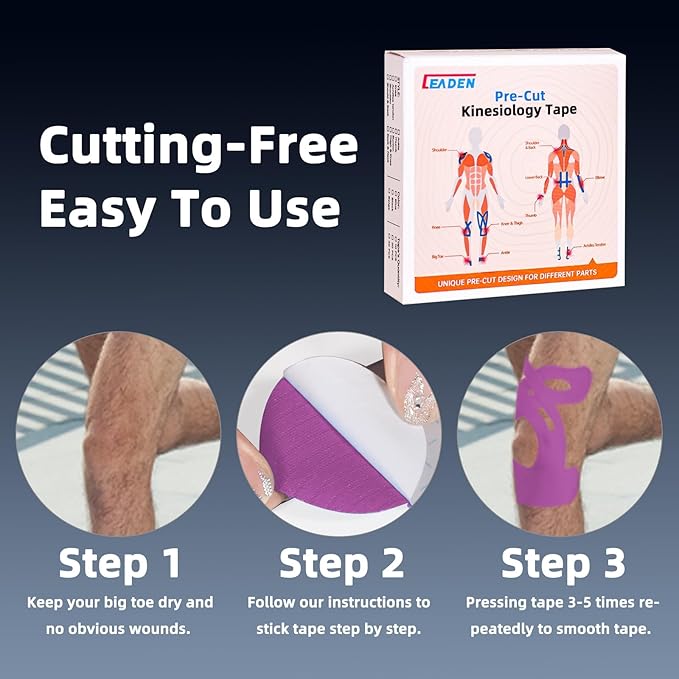 IEADEN Precut Kinesiology Tape for Knees, 10 Pcs - Knee Support & Stability, Knee Pain Relief Athletic Tape - Waterproof & Elastic, Hypoallergenic Latex-Free Tape, Purple