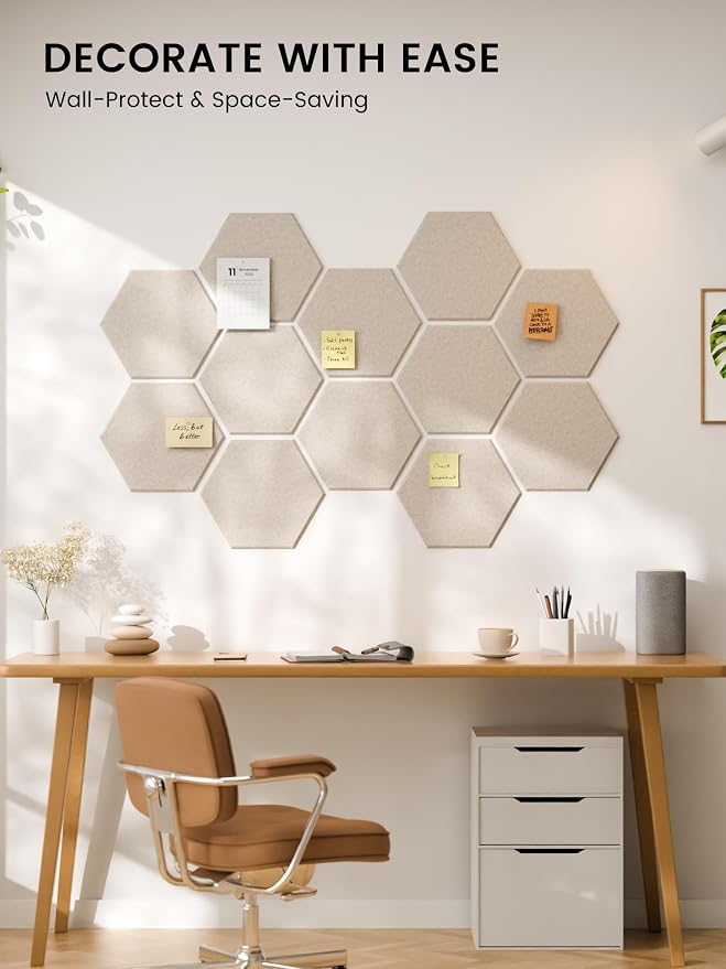 Fluxynara 12-Pack Hexagon Felt Bulletin Board Tiles, Oatmeal | Cork Board Alternative with 60 Adhesive Tabs for Notes, Photos and Reminders in Home Offices, Dorm and Classrooms
