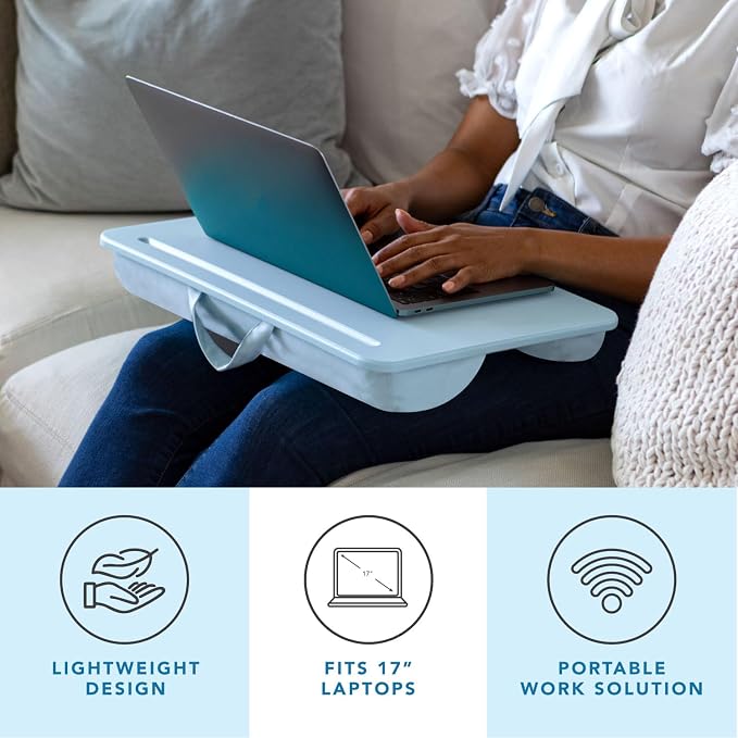 LAPGEAR The Original Lap Desk – Sky Blue, Fits 17" Laptops | Microbead Cushion, Device Ledge, Built-In Pencil Tray, Carry Handle