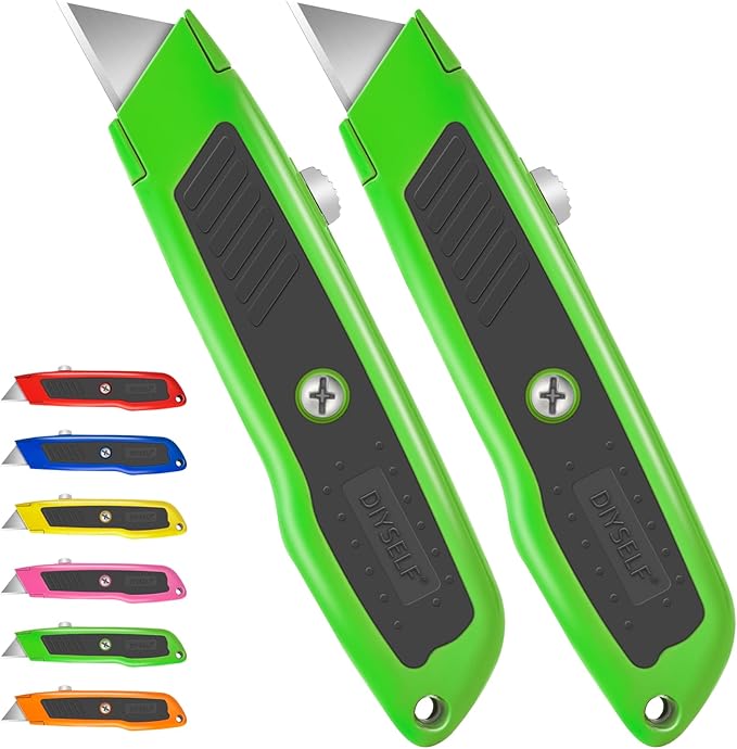 DIYSELF 2 Pack Utility Knife, Box Cutter Retractable, Heavy Duty Small Box Knife Exacto Knife, Comfortable Aluminum Handle, Sharp Blade, Box Opener for Cardboard, Boxes, Carpet (Green)