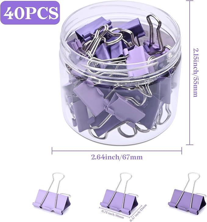 Temiary Binder Clips, Small Metal Binder Paper Clip Purple 0.75 Inch, 40 P | Colored Binding Paperwork Clamp Bulk for Office, Home, School