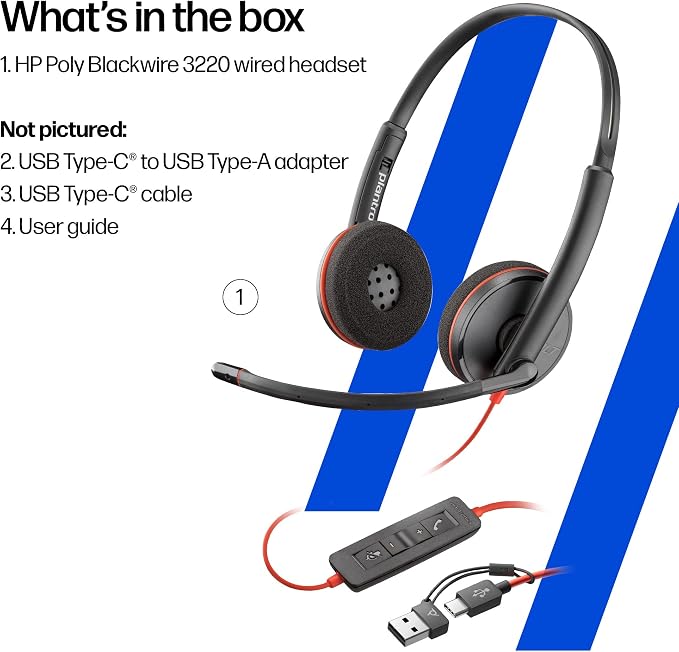 Poly Blackwire 3220 Wired Headset with Mic, Hi-Fi Stereo Sound, Noise-Canceling Mic, Stereo Design, Connect to PC via USB-C & USB-A Adapter, Over-Ear Design, Works with Virtual Meeting Platforms
