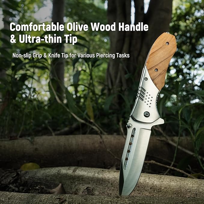 Pocket Knife for Men - Sharp Blade Wood Handle Pocket Folding Knives with Clip, Glass Breaker - EDC Knives for Survival Camping Fishing Hiking Women, Large, Olive
