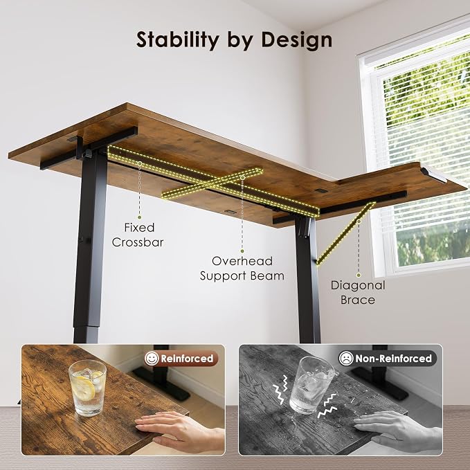 63 Inch Reversible L Shaped Electric Standing Desk, Rustic Brown | Corner Height Adjustable Computer Table, Stand Up Desk with 3 Memory Presets, Reinforced Frame for Home Office, Workstation
