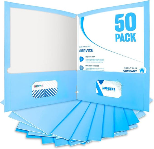 BIBRADAA® 50 Packs Blue Folders with Pockets,File Folder with Pockets Fit Letter Size Paper,File Folders Letter Size,Durable Paper Folders for School, Office, Business.(50, Light Blue)