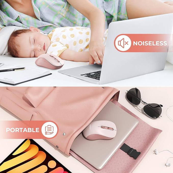 seenda Bluetooth Wireless Mouse, Bluetooth & 2.4G USB Dual Mode, Quiet Clicks, Smooth Tracking, 3-Level Adjustable 1600 DPI,Compact and Portable Mouse for Laptops, Tablets and More-Pink