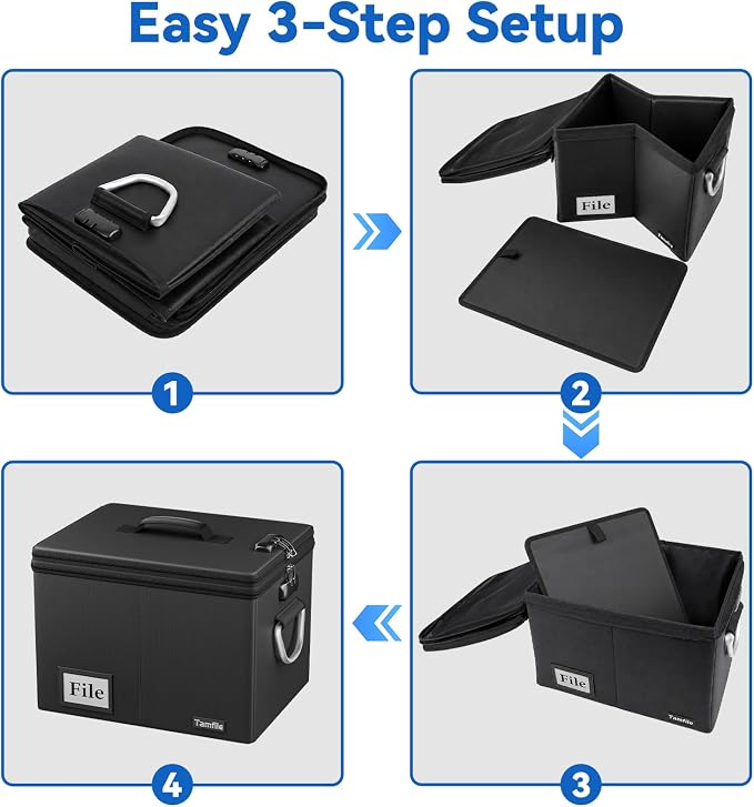Tamfile Fireproof Document Organizer Box with Accordion File Folder,Black | 13 Transparent Pocket, Filing Storage Cabinet, Lock＆Handle, Portable Home Office Safe for Hanging Letter/Legal Folder