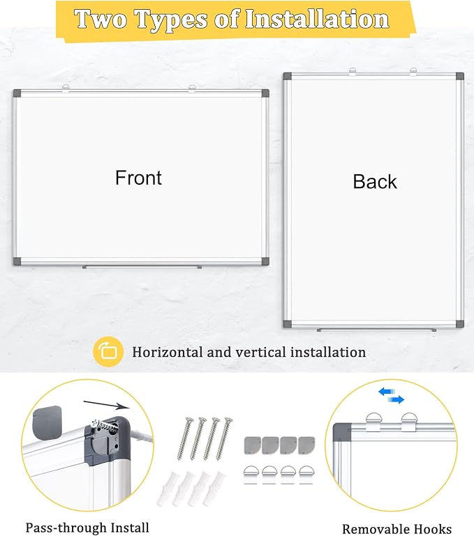 Double-Sided Magnetic Aluminum Frame Whiteboard, 48" x 36" | White Board for Wall, Hanging Mounting White Board Dry Erase Board Marker Board for Kitchen, Memo, School, Home, Office