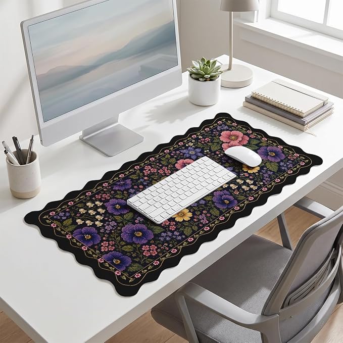 Dark Floral Scalloped Mouse Pad Black Blue Blush Garden Flowers Large Gaming with Stitched Edges,Non-Slip Waterproof Rubber Base Mous Mat Office Computer Keyboard Laptop Home 31.5"x15.7"