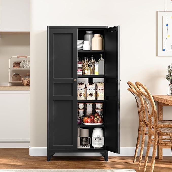 Metal Pantry Cabinet,Tall Kitchen Pantry Storage Cabinet with Doors and Adjustable Shelves - 61" Black Cupboard Cabinet for Kitchen, Living Room,Dining Room,Home