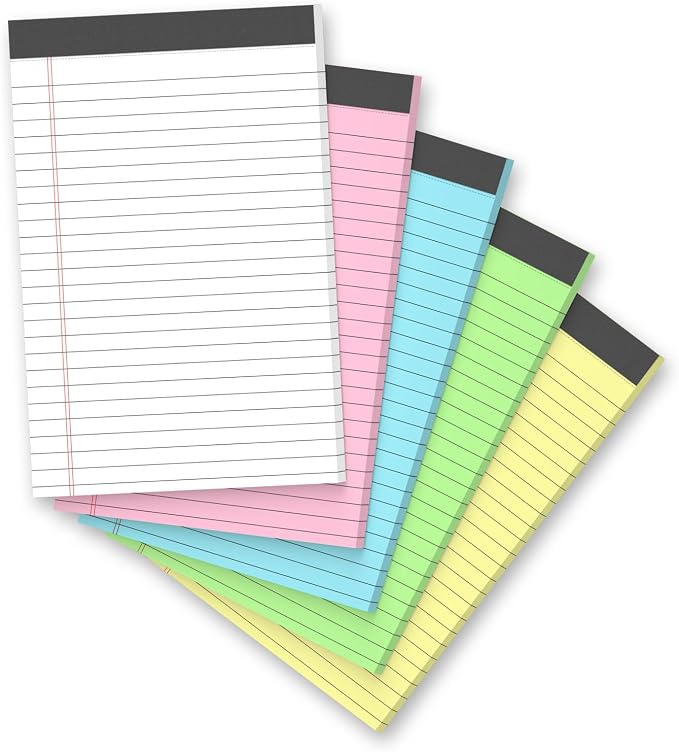 5 Pack 5 x 8 Inch Colored Legal Pads, 5 Bright Colors Double-Sided Lined Notepads with Hard Backing for Office, School & Home, Thick Perforated No-Bleed Paper for Students, Teachers & Professionals