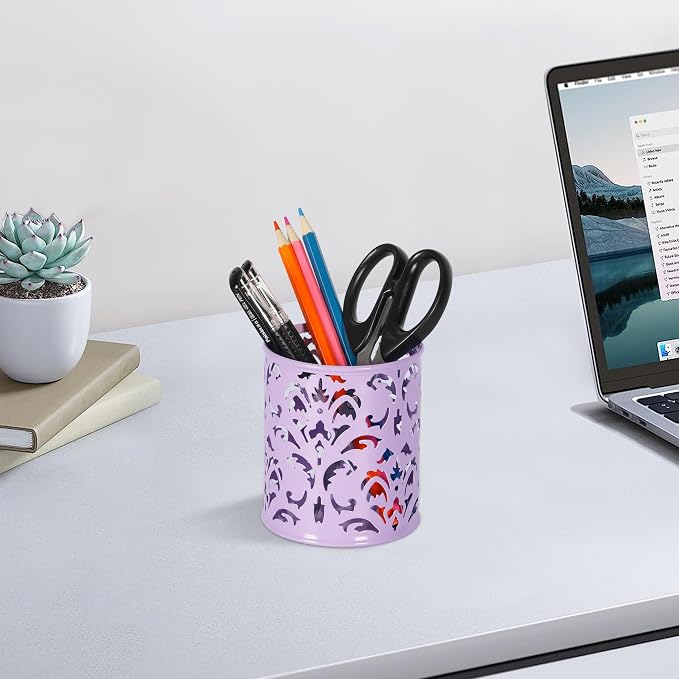 EasyPAG Purple Pen Holder for Desk, 2 Pack Round Pen Organizer, Brush Holder for Vanity, Metal Pencil Cup Organizer for Home, Office, Classroom, School