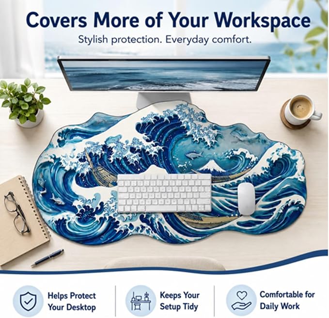 Large 3D Blue Ocean Wave Desk Mat Wave Surfing Gaming Mouse Pad Non Slip | Rubber Base Decorative Keyboard Mat Extended Desk Protector for Office, Home, Study and Workstation, 35.43 x 15.75 Inch