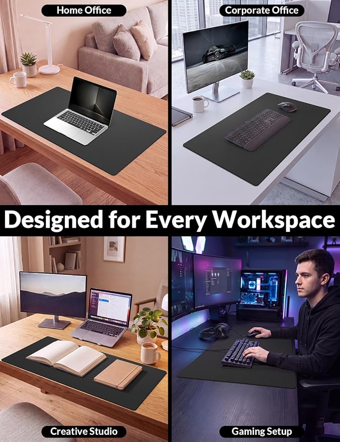 Leather Desk Mat 24" x 17", Non-Slip Waterproof PU Leather Desk Pad Protector, Large Mouse Pad & Writing Mat for Office, Home, Laptop and Keyboard, Black