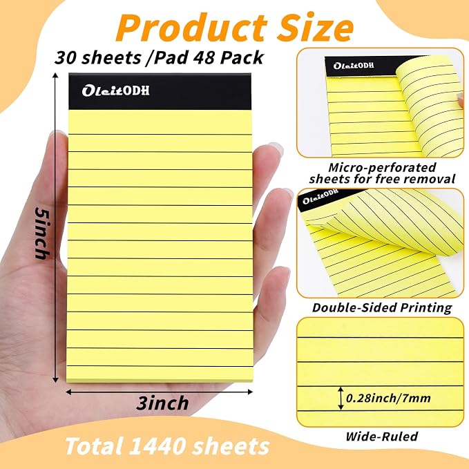 Oleitodh 48 Pack 3 x 5 Inch Notepads Yellow Memo Pads Writing Pads | Perforated Lined Pages with 30 Sheets Each, Small Note Pads for Office, School and Home; Pocket Memo Pads for Lists and Notes