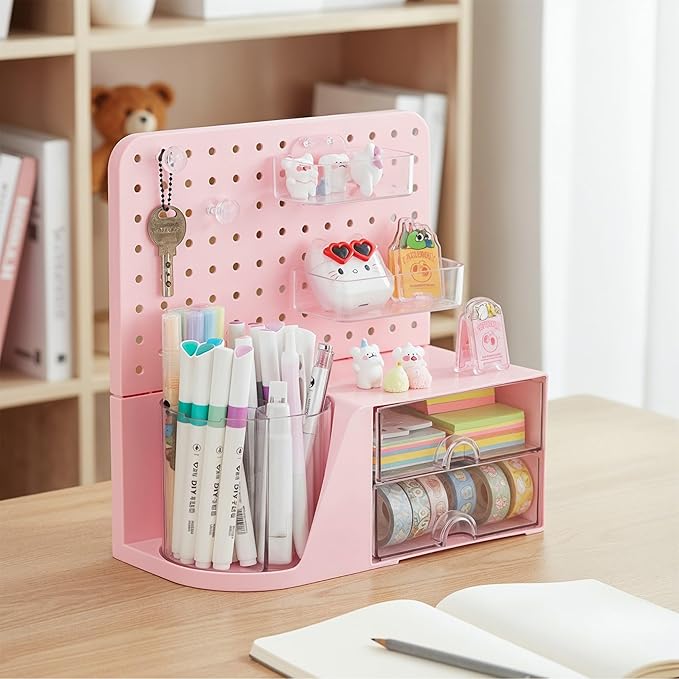 Comix Desk Organizer with 2 Drawer, Multifunctional Pen Holder for Desk, Desktop Organizer with Pegboard + Drawer + 5 Slots Pencil Holder for Office Home Art Supplies (Pink)