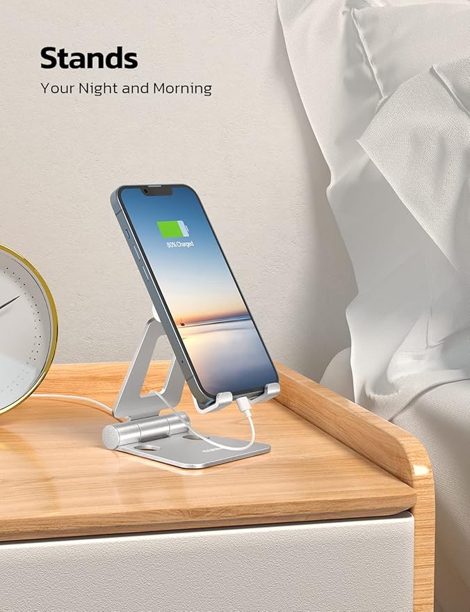 Nulaxy 2 Pack Aluminum Dual Folding Cell Phone Stanr for Desk, Silver | Height Angle Adjustable, Portable Phone Holder Fits 18mm Thick Case, Anti-Slip Base, Smartphone Desktop Essential Accessory