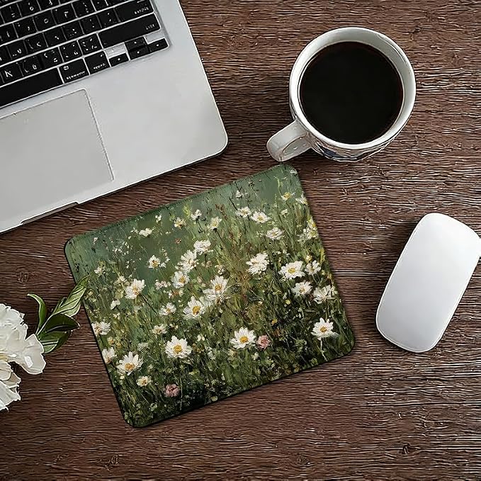 Vintage Spring Daisy Floral Square Mouse Pad, Green Cottagecore Flower Field Botanical Mousepad Mat for Home Office Computer Gaming Desk Accessories 9.5x7.9 in