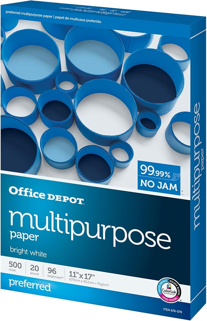 Office Depot® Multi-Use Printer & Copy Paper, 1 Ream, White, Ledger (11" x 17"), 500 Sheets Per Ream, 20 Lb, 96 Brightness, 1809RM
