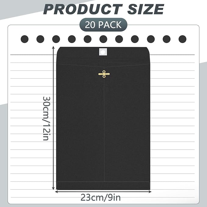 Geyee 20 Pcs 9 x 12 Inch Clasp Envelopes Letter Size Mailing Envelopes with Clasp Closure for Filing Storing Documents Office Home Business School (Black)