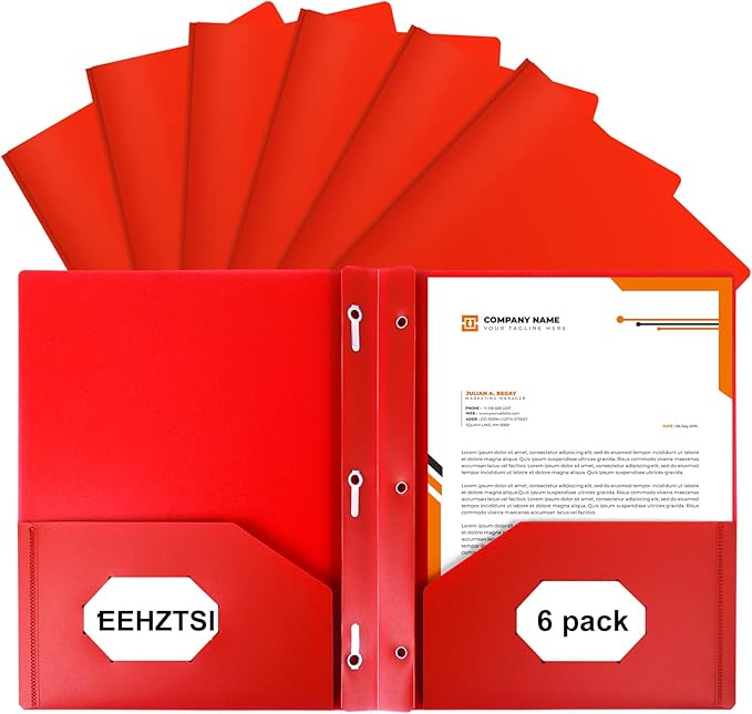 6-Pack Plastic Folders with Pockets and Prongs, 2-Pocket Folders with 3 Fasteners, Holds 8-1/2" x 11" Paper for School/Office/Home, Red