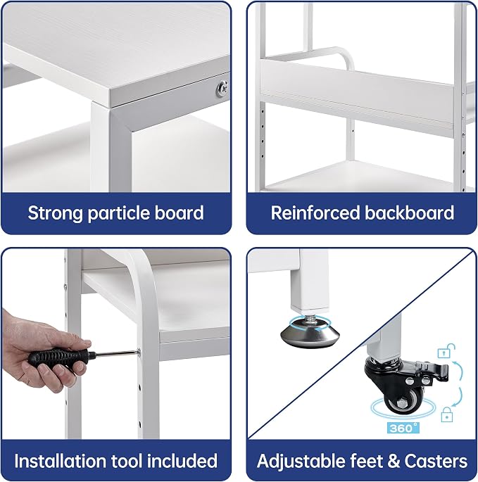Fannova 32.3"x18.9"x32.1" Extra Large White Printer Stand with Storage | Height Adjustable Middle Shelf, 3 Tier Wide Printer Table with Industrial Wheels, Heavy Duty Rolling Cart for Home Office