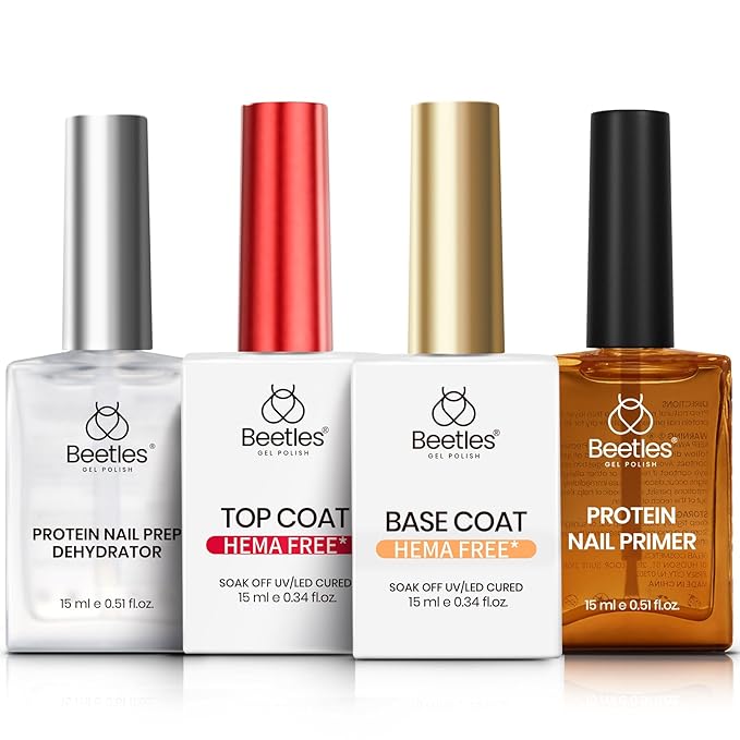 Beetles HEMA Free & TPO Free Protein Nail Dehydrator & Primer with Gel Top Coat and Base Coat Set Soak Off UV LED Gel Nail Polish Foundation Kit for Long Lasting Manicure Gifts