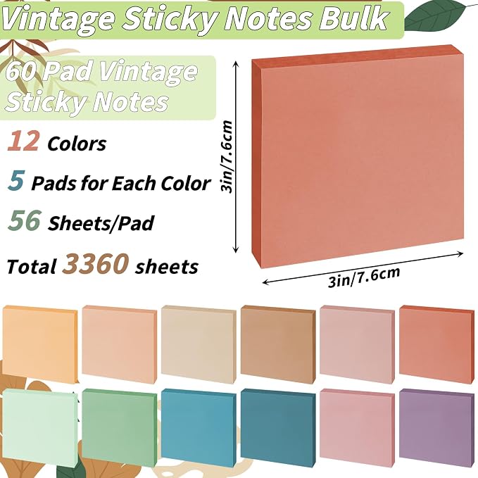 60 Pack Sticky Notes Bulk 3x3 Inch 12 Vintage Colors Memo Pads | 56 Sheets Each, Self Adhesive Notes, Smooth Paper, Office Supplies, Back to School, Teacher, Student, Planning