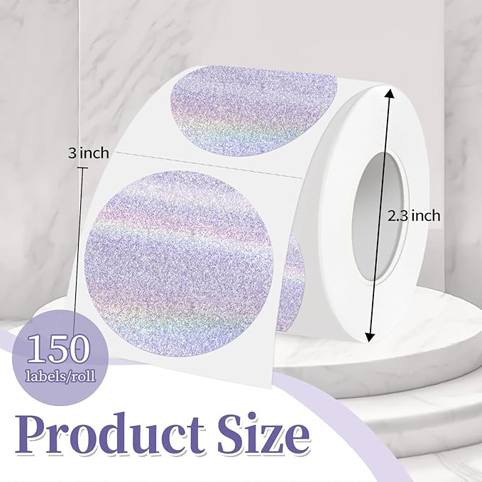 3 Inch Holographic Thermal Labels,Round Thermal Printer Labels,Waterproof Thermal Printer Stickers for DIY Logo Design,Name Tag,QR Code,Thanks Card 150 Labels/Roll (Purple dots)
