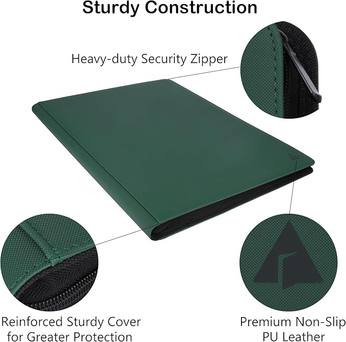 Rayvol Premium 2300 Pockets Card Binder, Large 36-Pocket 2000+ Ringless Trading Card Album - Side Loading UltraSonic-362304 Tech Zip Binder for TCG -Green