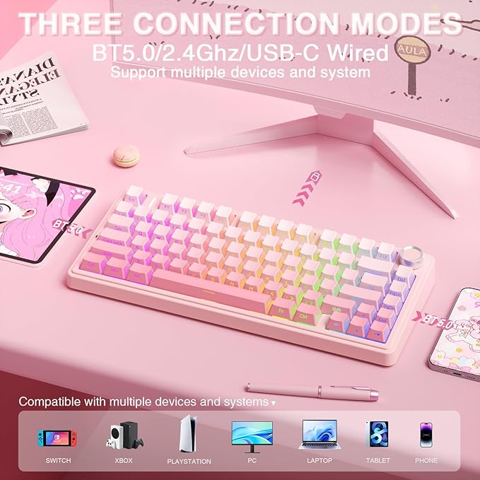 AULA F75 Pro Wireless Mechanical Keyboard Silent Version,75% Hot Swappable Custom Keyboard with Knob,RGB Backlit,Pre-lubed Switches,Side Printed PBT Keycaps,2.4GHz/USB-C/BT5.0 PC Gaming Keyboards,Pink