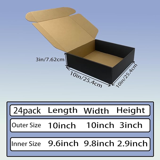 24 Pack 10 x10 x 3 inches Black Shipping Boxes, Corrugated Mailer Boxes, Packaging Boxes for Products, Recyclable Cardboard Box, Flat Literature Mailers for Gifts, Small Business by Mailing