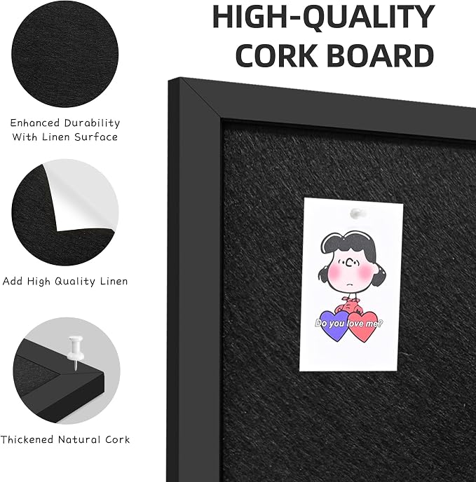 31.5"x48" Black Framed Black Linen Bulletin Board, Pin Board | Linen corkboard texture. Premium cork boards for walls and pin board office organizer.