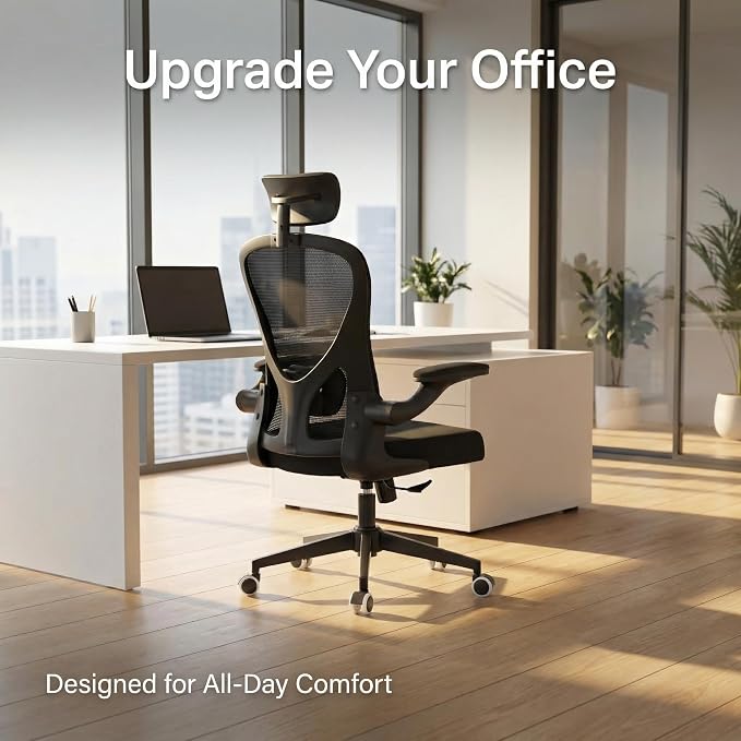 Monhey Ergonomic Chair, Adjustable Lumbar & Flip-up Arms, Black | Breathable Mesh,Height Adjustable, Rocking Swivel, High Back, Home Office Use
