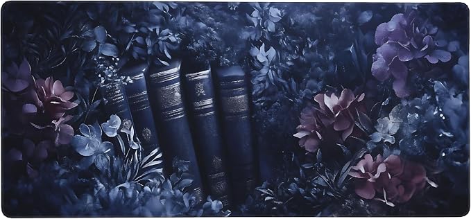 Floral Aesthetic Book Gaming Mouse Pad, Purple Dark Romanticism Desk Mat with Anti-Slip Base & Stitched Edges,35.4" x 15.7" in Table Mat for Computer Desktop, Beautiful Workstation Decor