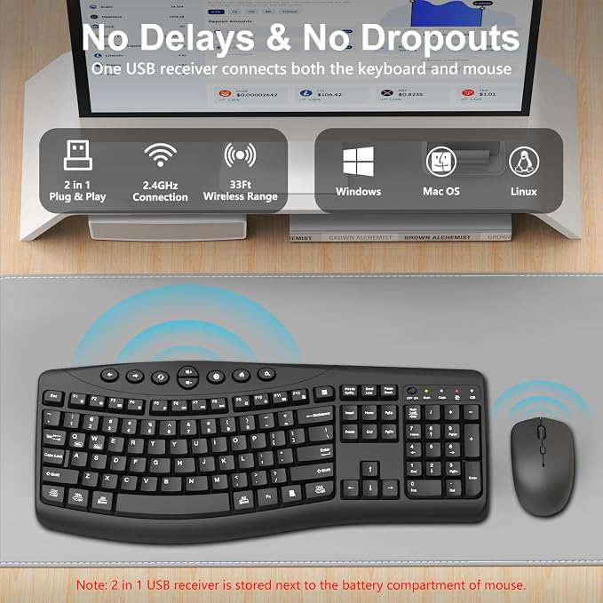 Wireless Keyboard and Mouse Combo, 2.4G Quiet Ergonomic Curved Keys (Black)