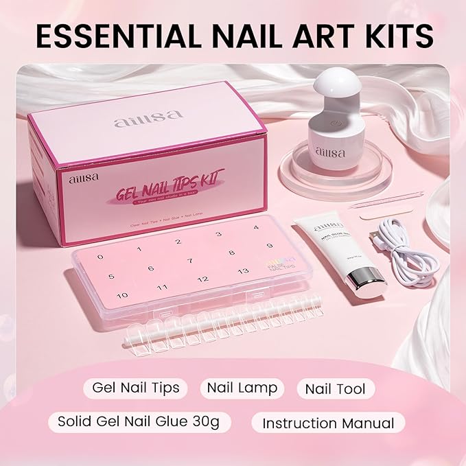 AILLSA Nail Extension Kit Medium Square Nail Tips 224pcs, Upgrade Glue Gel 30g for False Nail Tips, Gel Nail Tips Kit with Portable Mini U V Nail Lamp for DIY Home Salon
