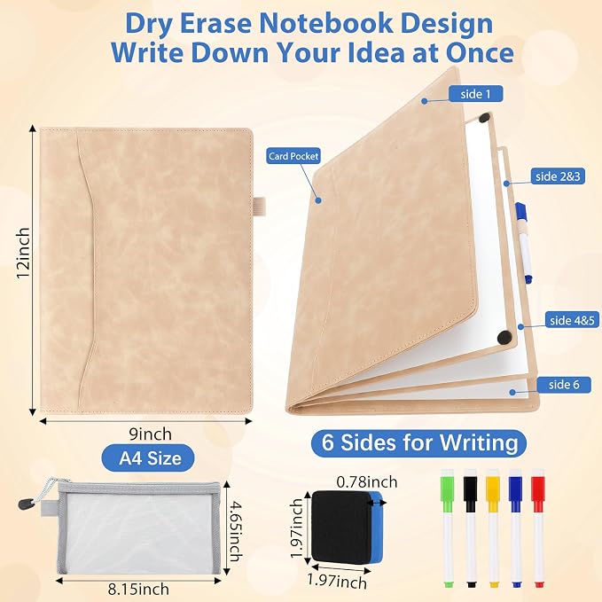 Feifeiya 6 Sides Dry Erase Notebook, Khaki, A4 9" X 12" | Portable Reusable Whiteboard Notepad 6 Side Foldable Dry Erase White Board for Planner Office Study Business Meeting Supplies
