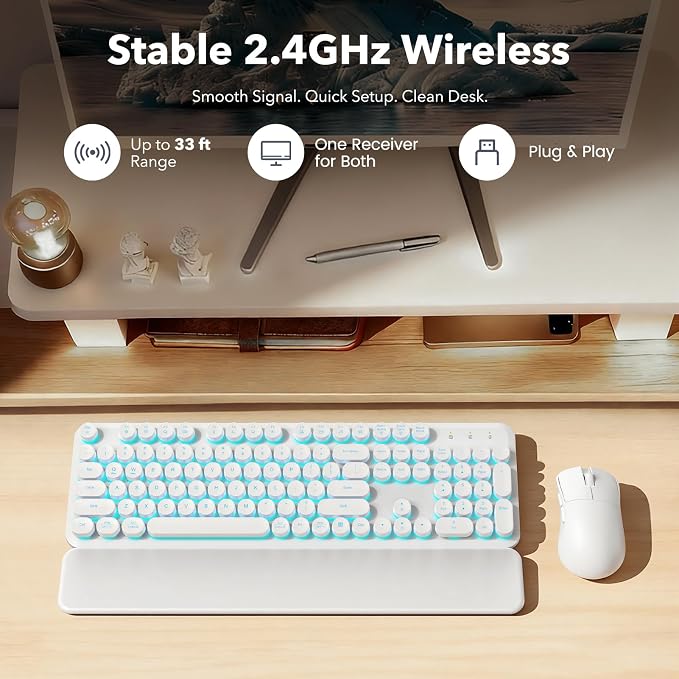 Wireless Keyboard and Mouse Combo, Backlit Round Keycaps, Retro Typewriter Keyboard with Detachable Wrist Rest, Rechargeable & Tilt Legs, 2.4GHz Cordless Connection for Windows/PC (Glowing White)