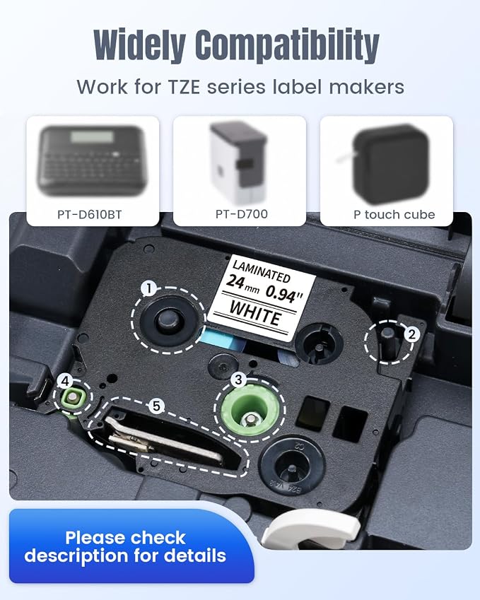 TZ Tape 24mm 0.94 Inch Laminated White TZe-251 Compatible Brother P-Touch | Label Tape 1"for PT-D610BT P710BT D600 2730 Cube Plus E560BTVP TZe Label Maker Refill, Black on White 24 mm, 4-Pack